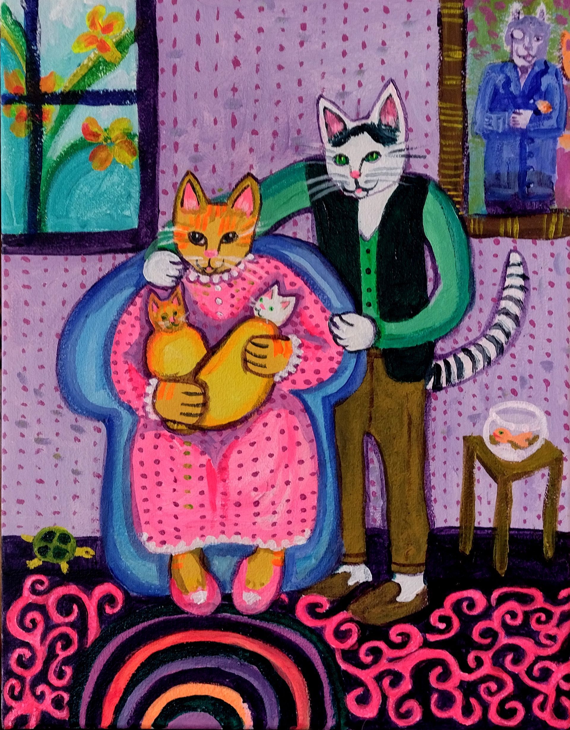 Cat family portrait: orange mother holding kittens, white-faced father, pink dress, purple walls, rainbow rug.