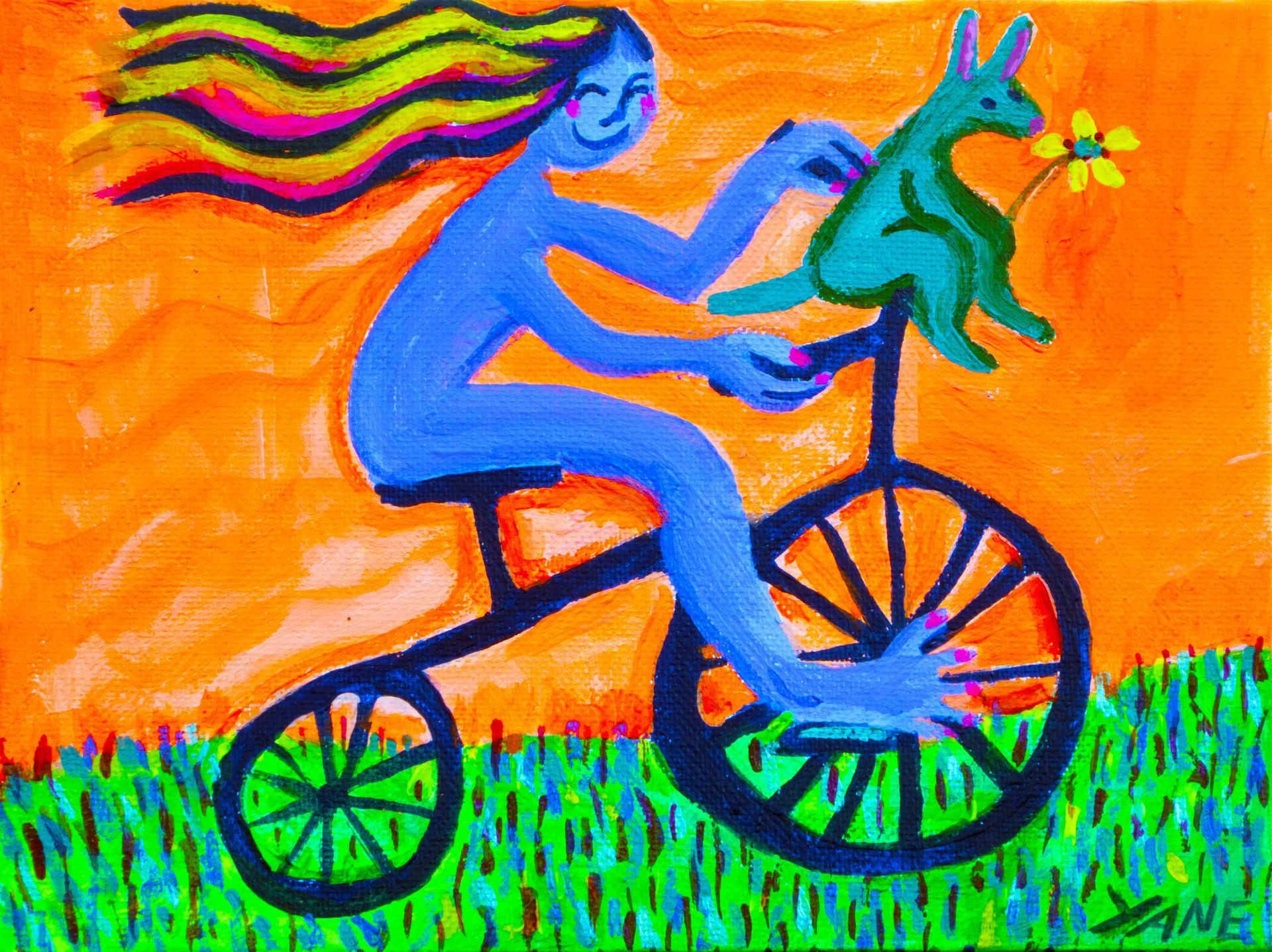Colorful painting of a person riding a bicycle and holding a green frog against an orange background.