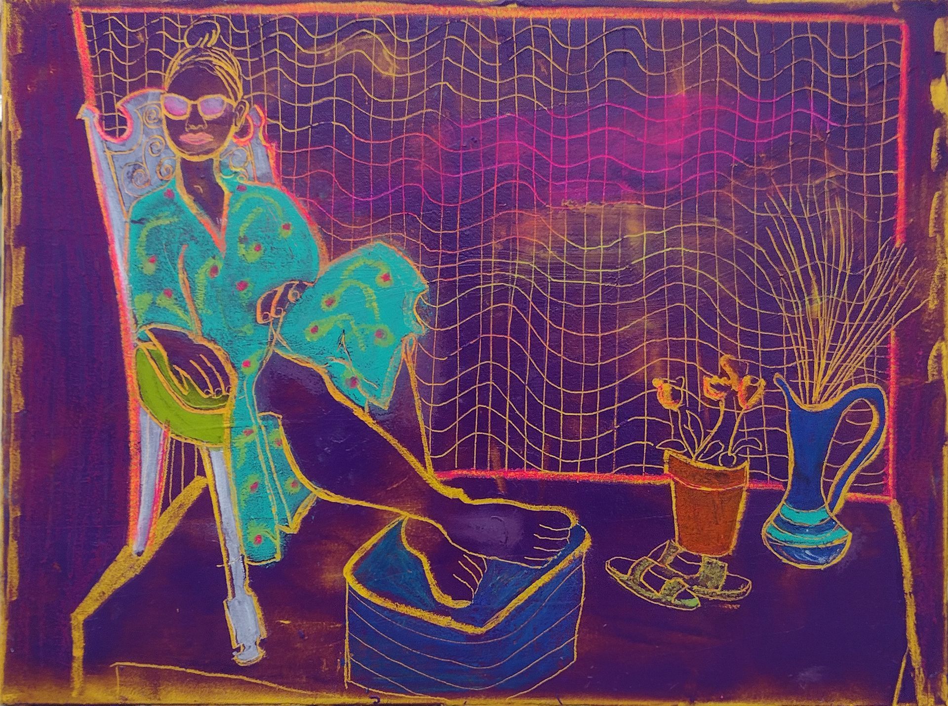 Woman in robe, sunglasses, soaking foot. Purple background, table with flowers, vase, and shoes.