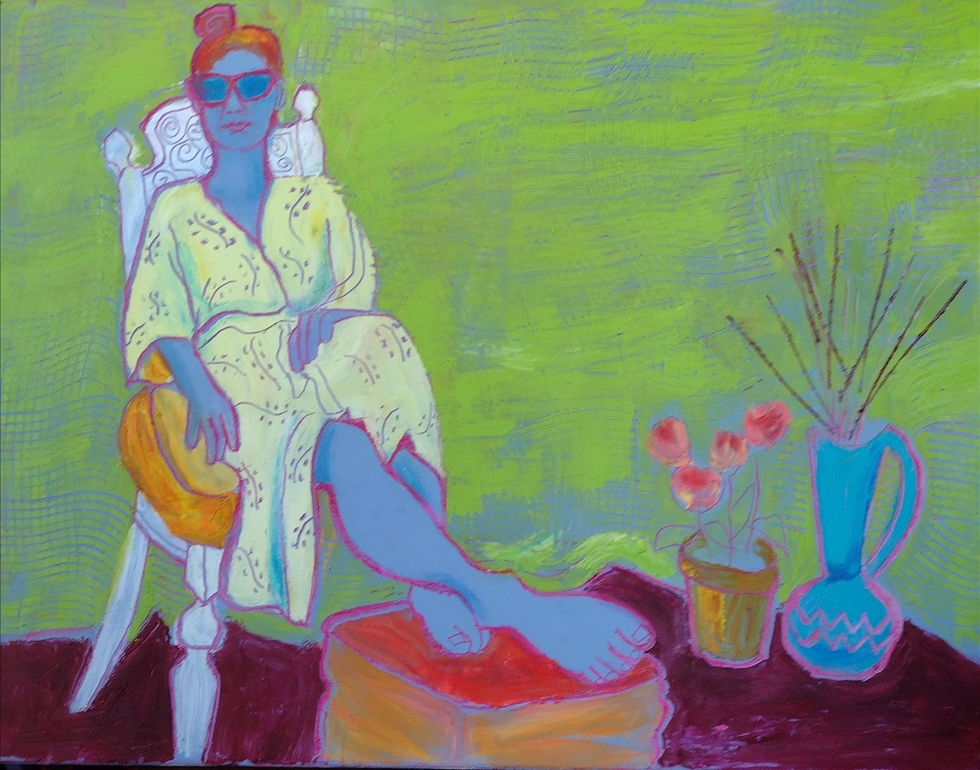 Person in sunglasses and robe relaxes in a chair, feet up, with plants on a table, all against a green background.