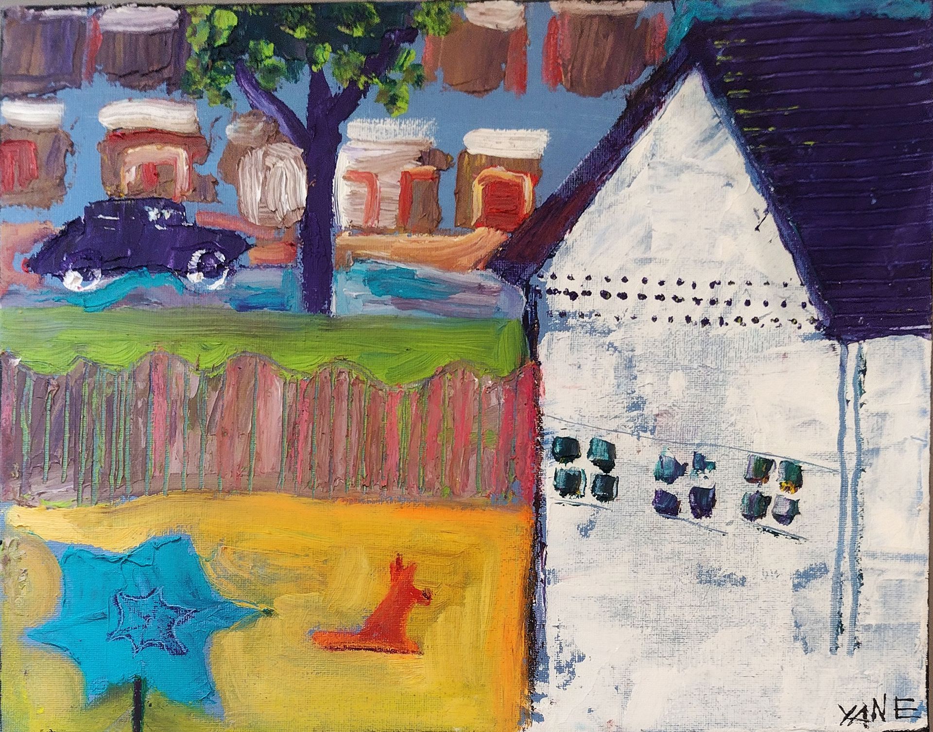 Whimsical painting of a white house with a purple roof, tree, and blue car.
