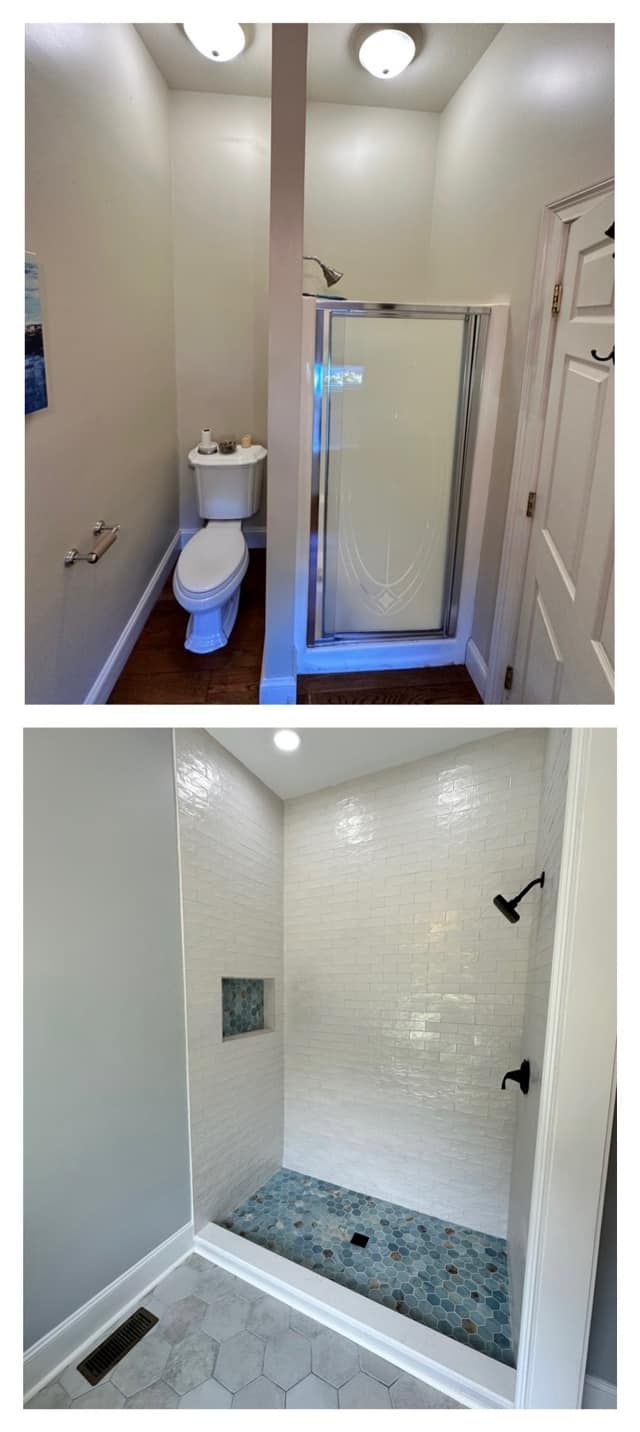 A before-and-after view of a bathroom, with a toilet, shower stall and white tile.