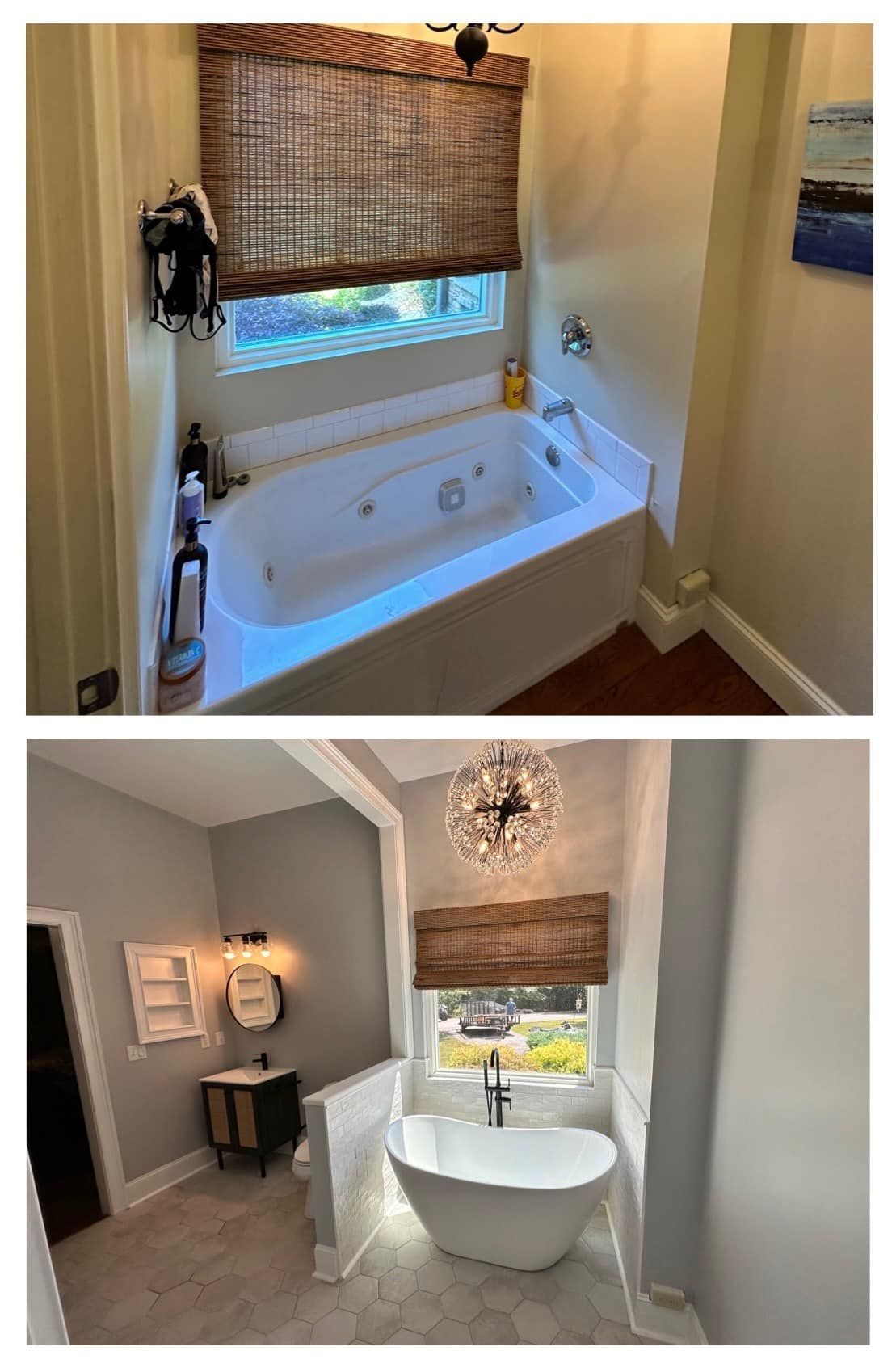 Two bathroom views: a tub near a window, and a free-standing tub with a chandelier.