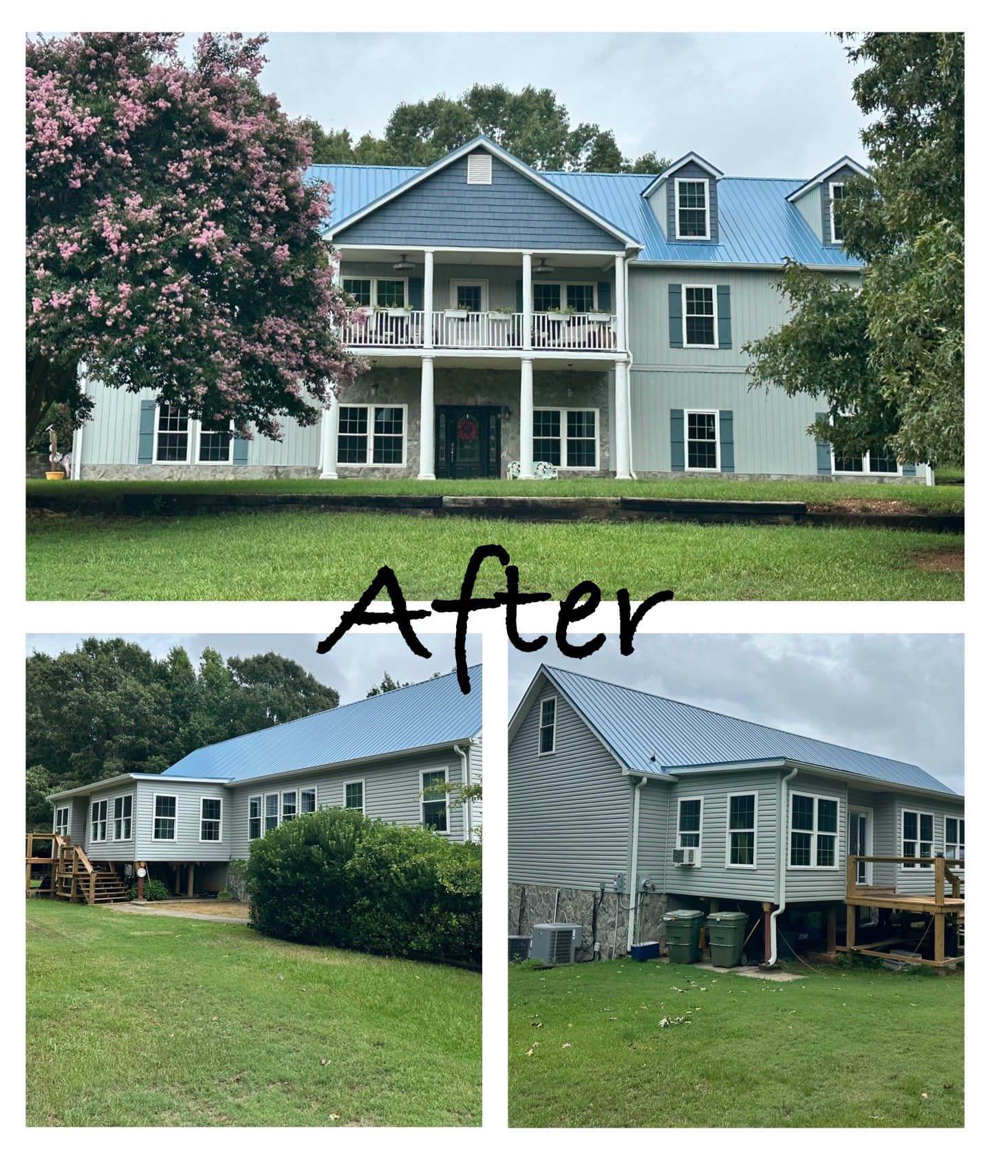 Exterior of a two-story house with blue roof and siding, freshly painted in light gray.