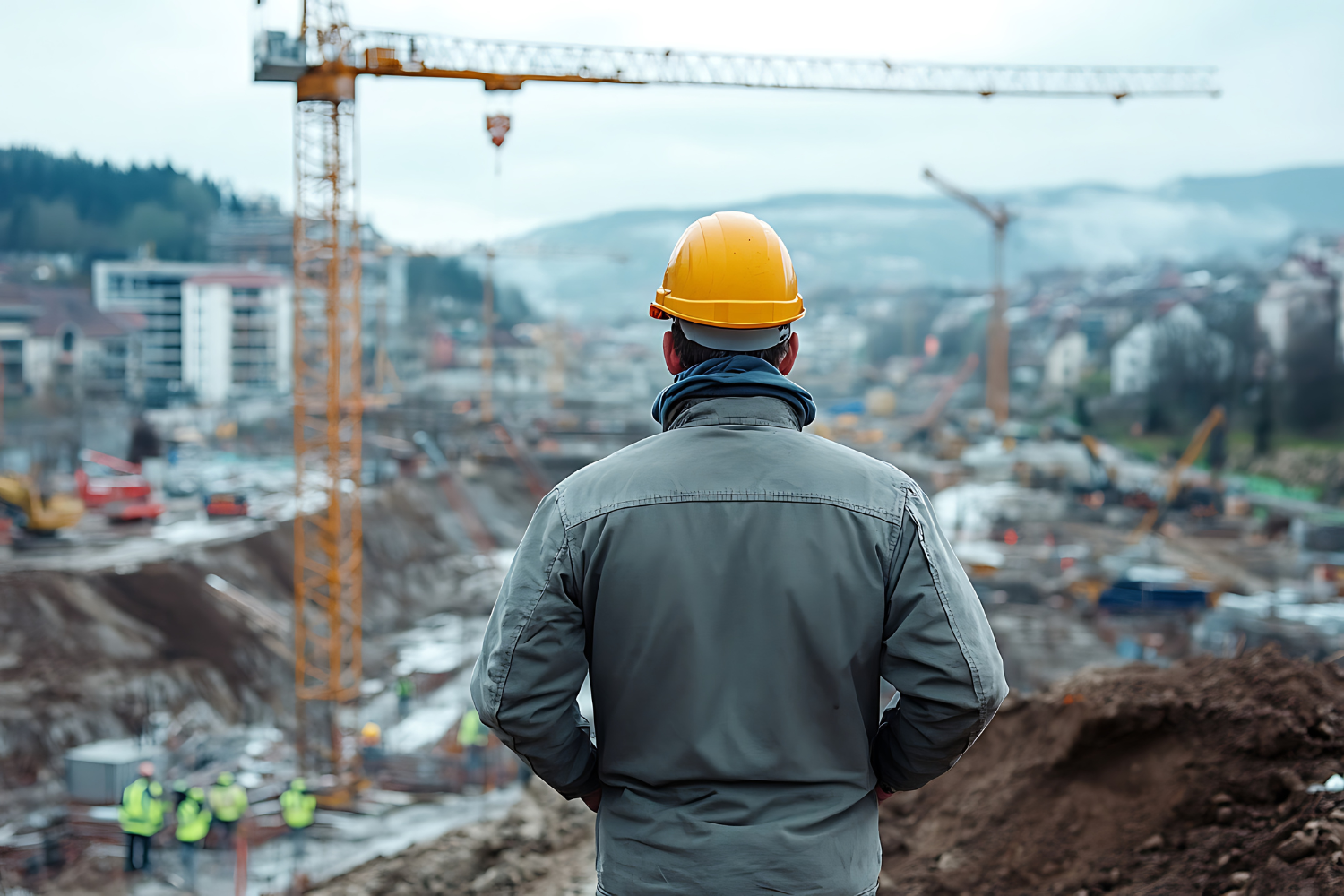 Construction worker in yellow hard hat overlooks a busy construction site with cranes and buildings.