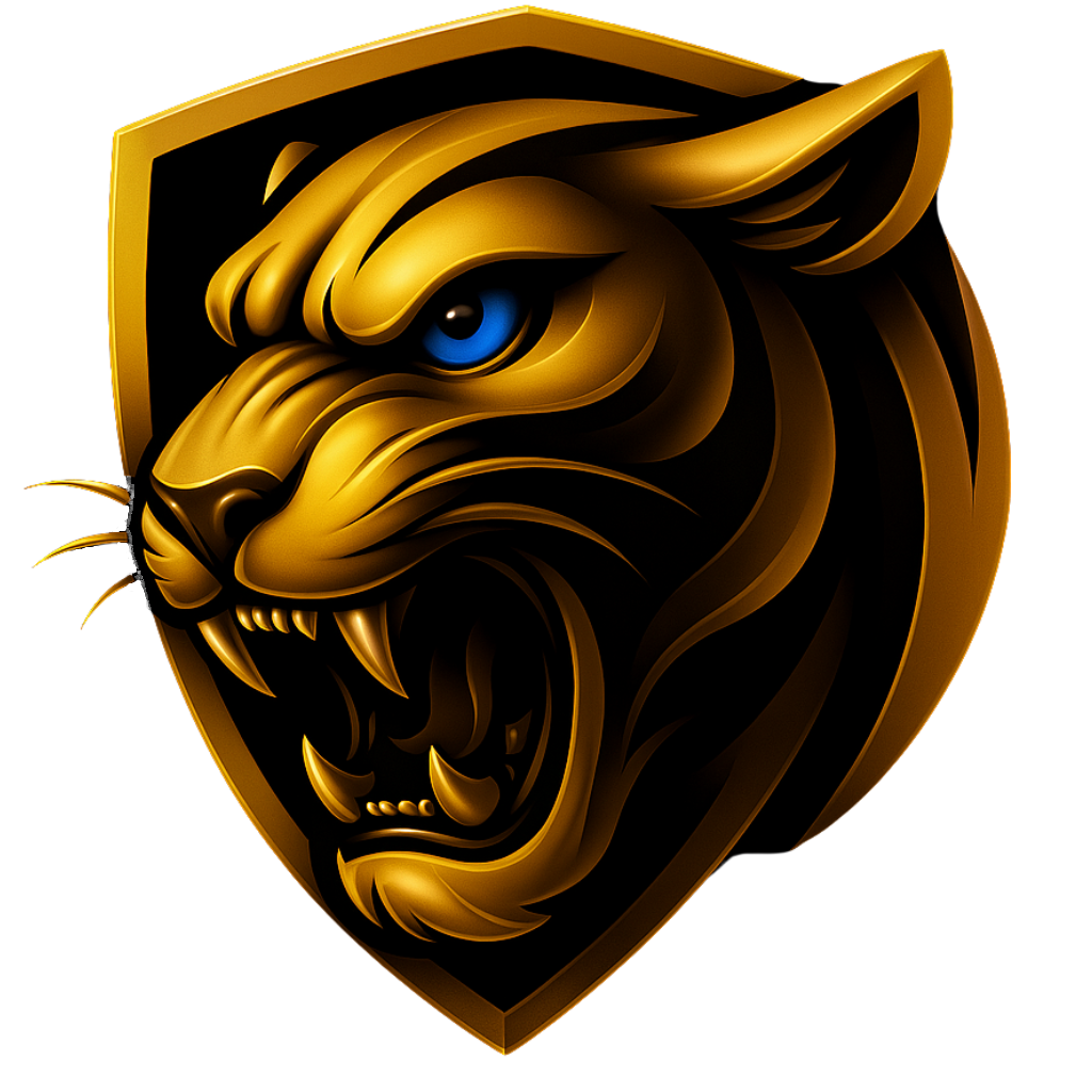 Gold tiger head with blue eyes on a black shield, roaring.
