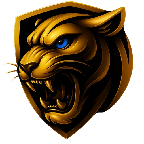 Golden panther head with blue eyes in a black shield; snarling expression.