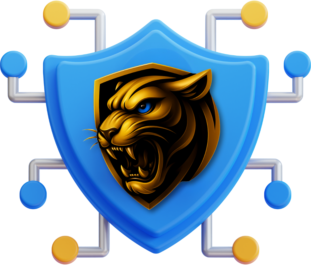 Blue shield with gold padlock and circuit network, symbolizing data security.