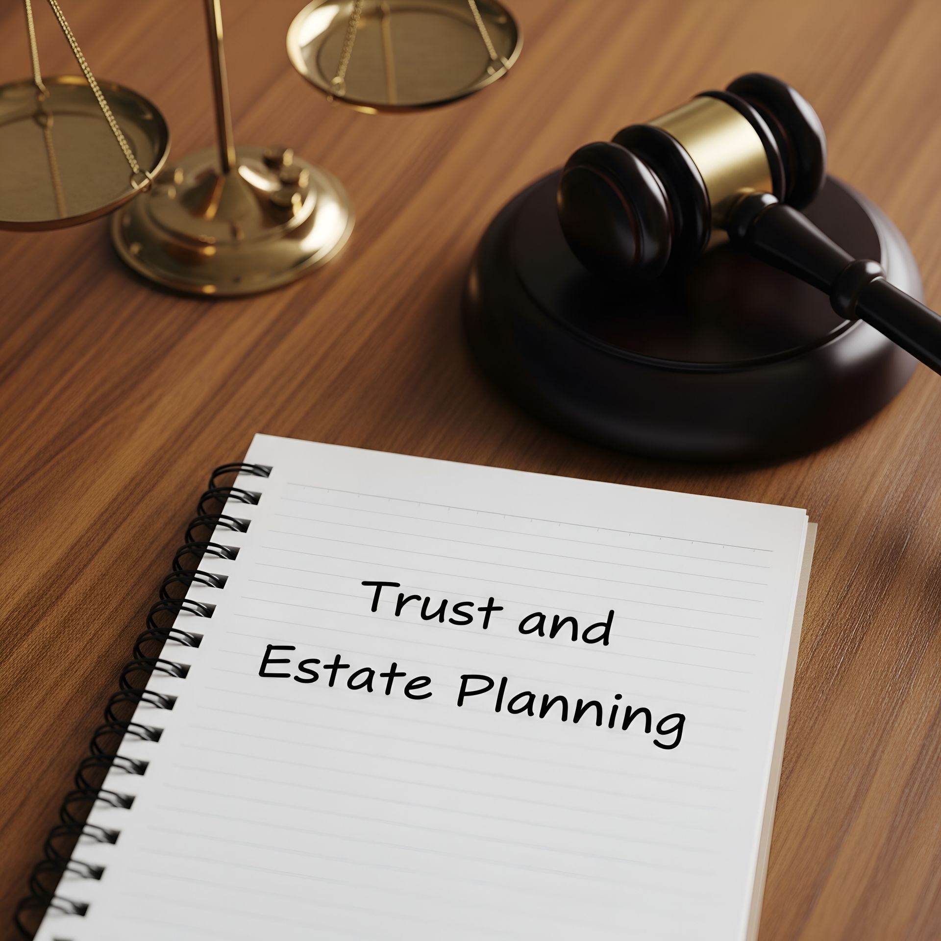 Gavel and scales of justice next to trust and estate planning notebook.
