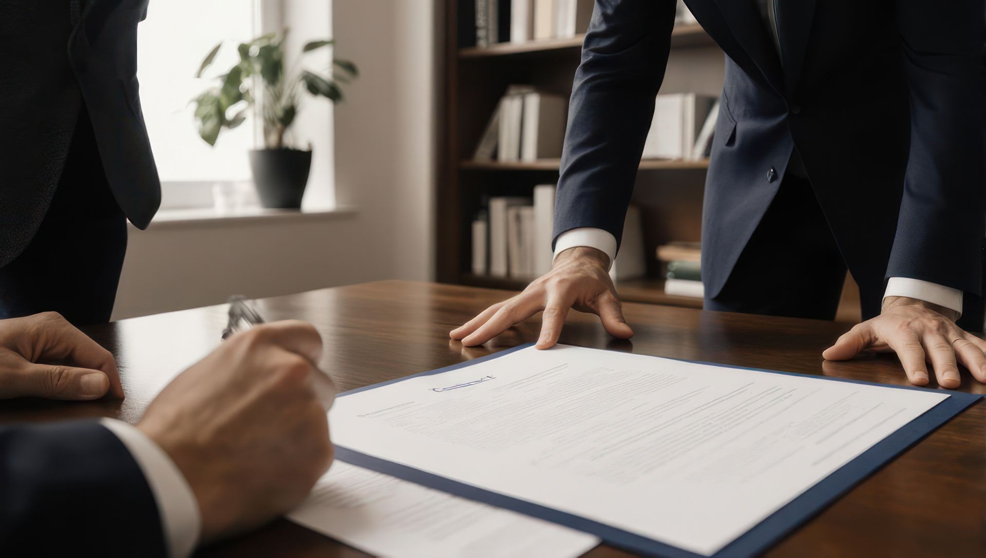 Hands of a wills and trust attorney explaining a document during a private estate consultation.
