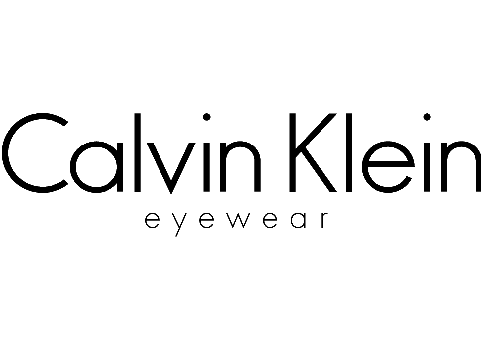 Il logo degli occhiali Calvin Klein è in bianco e nero su sfondo bianco.