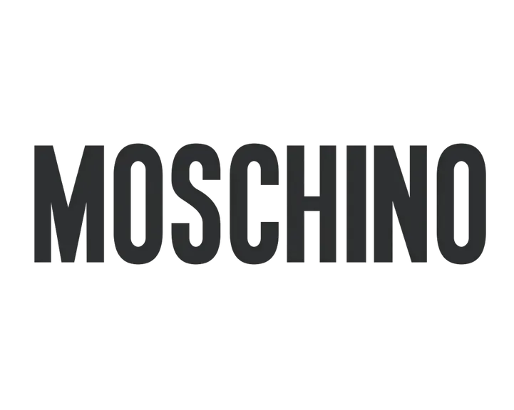Un logo in bianco e nero per Moschino su uno sfondo bianco.