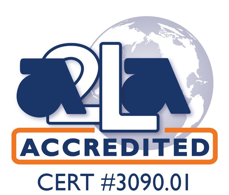 2LA Accredited logo with a stylized globe background and certification number.