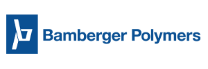 Logo of Bamberger Polymers: white graphic within a blue square, with the words