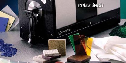 A color measurement device with various colored samples, including plastics and tiles, on a reflective surface.