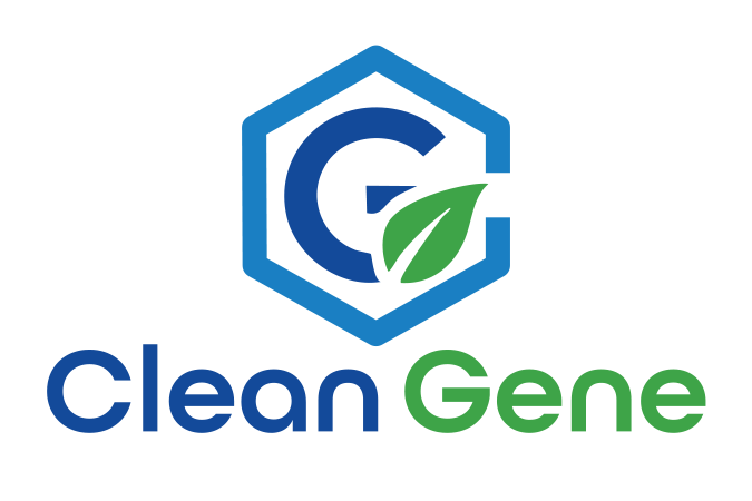 Logo for Clean Gene featuring a blue hexagon containing a dark blue letter G and a green leaf, with text below.
