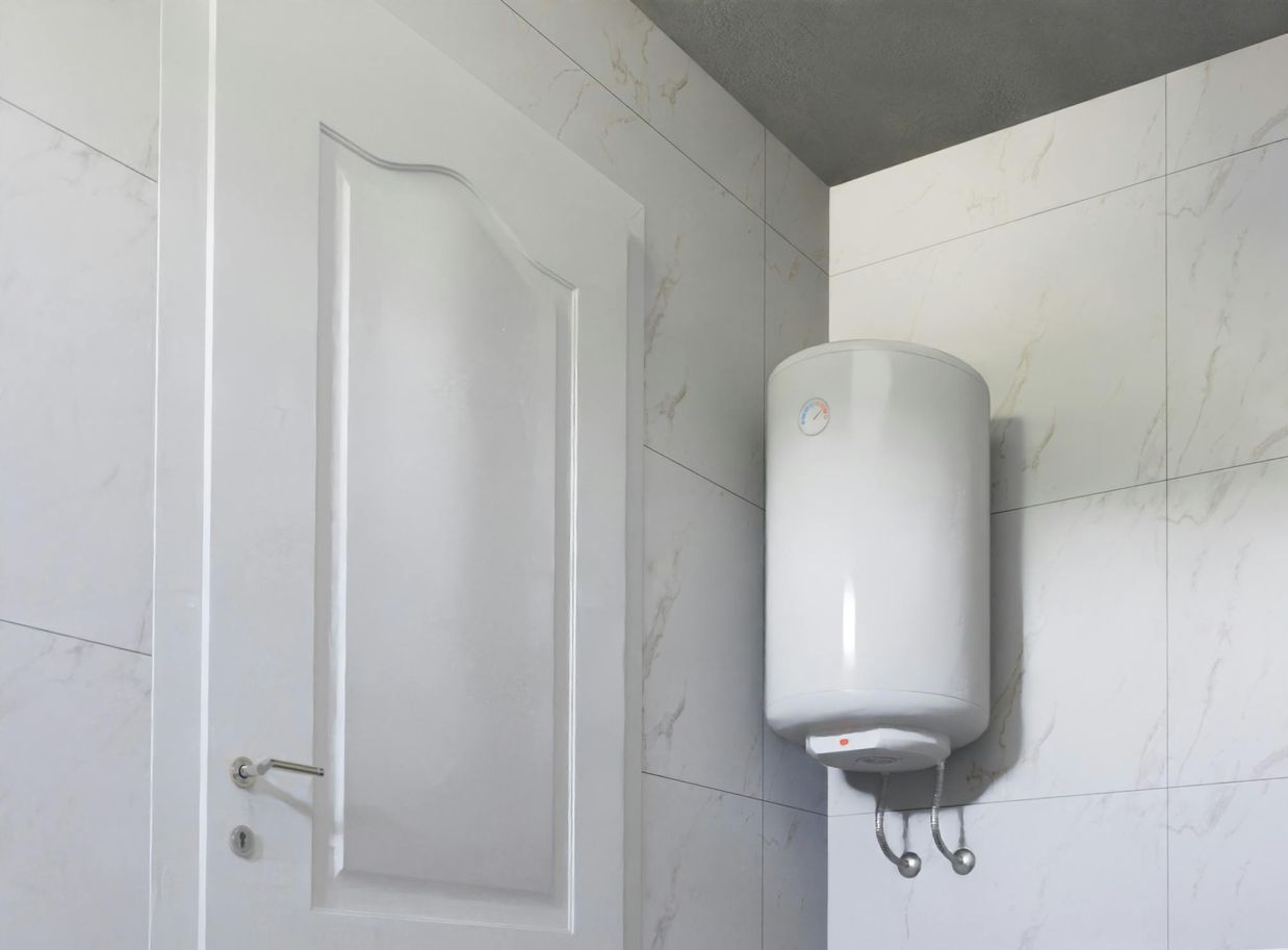 A bathroom with a washer and dryer and a water heater