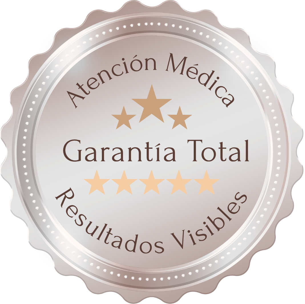 Sello de garantía total con atención médica y resultados visibles en estética profesional