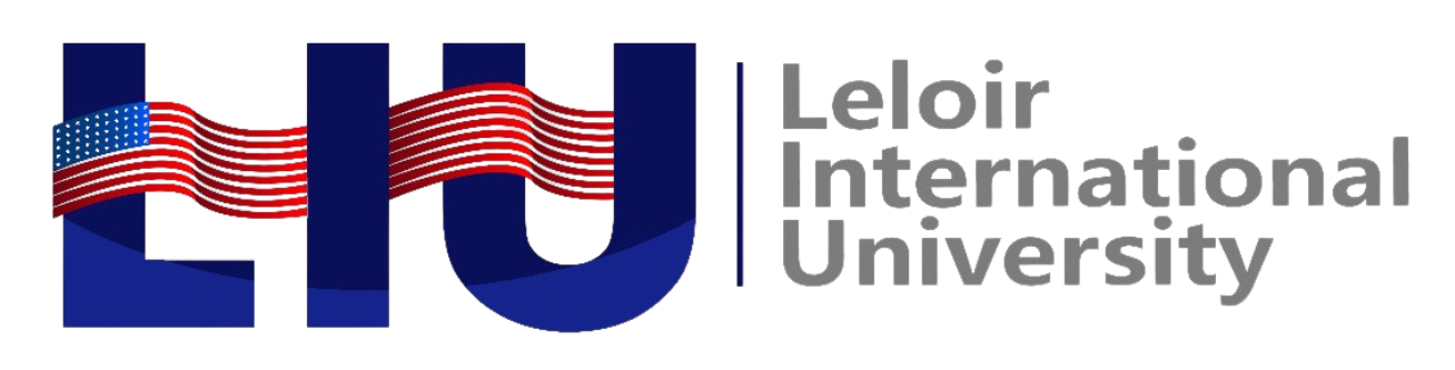 Logotipo de Leloir International University con diseño moderno en azul y rojo