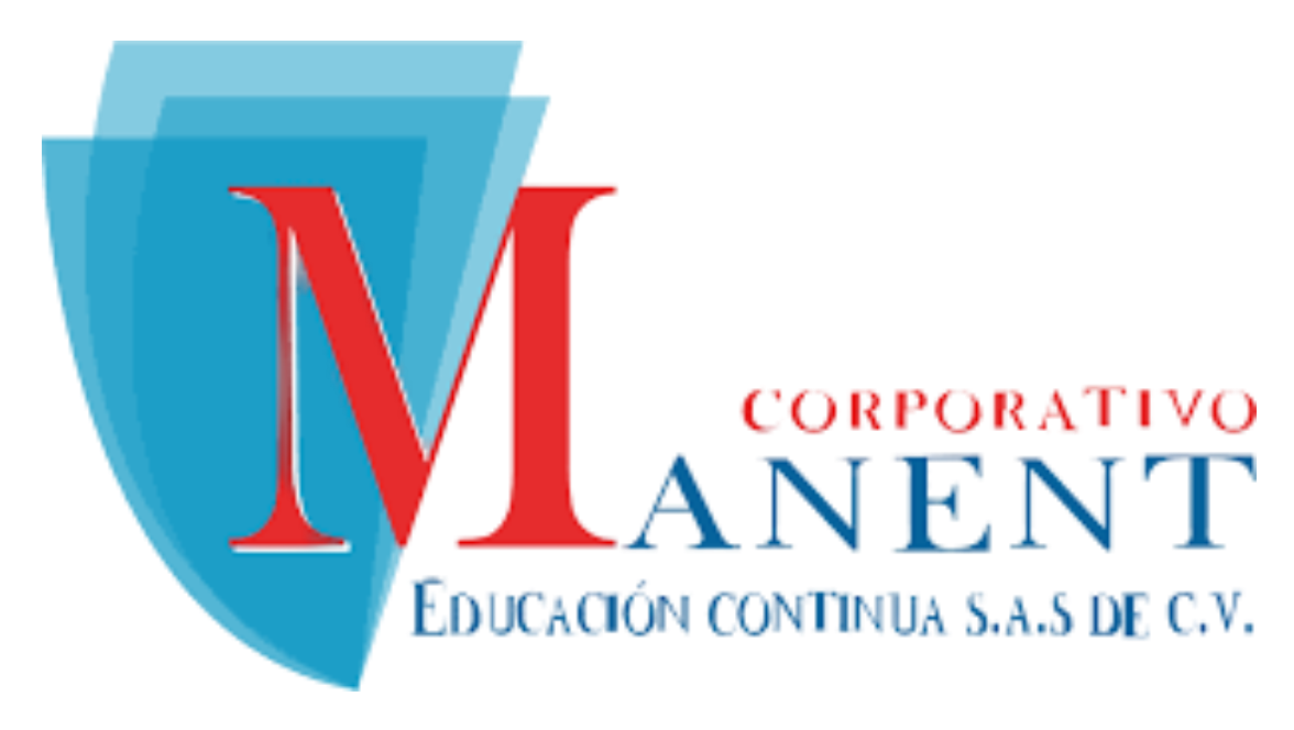 Logotipo de Corporativo Manent Educación Continua S.A.S. de C.V. con escudo azul y letra roja