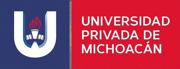 Logotipo de la Universidad Privada de Michoacán con fondo rojo y letras blancas