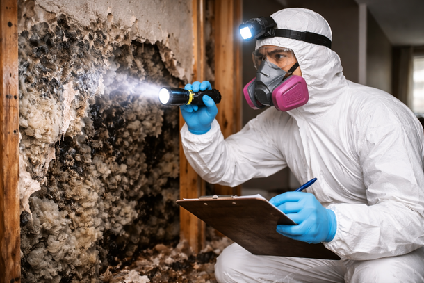 A professional in protective gear and a respirator inspects severe mold growth on an interior wall with a flashlight.