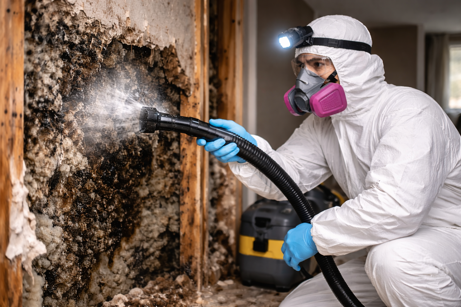 A person in protective gear and a respirator uses a vacuum hose to clean mold from an exposed interior wall.