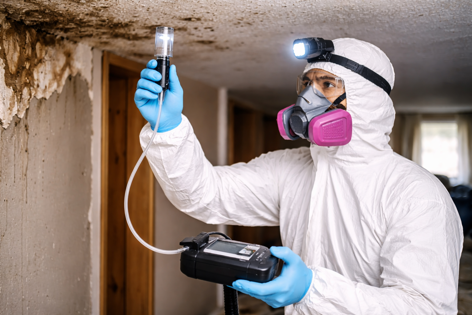A worker in a white hazmat suit and respirator tests for mold on a damaged ceiling with a handheld air sampling device.
