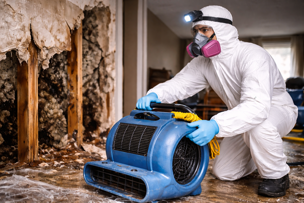 A technician in a white hazmat suit and mask uses a blue floor dryer to remediate mold behind a damaged wall.