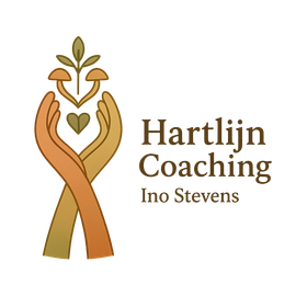 Logo van Hartlijn Coaching met helende handen, hart en paddenstoelen, symbool voor innerlijke groei en natuurlijke verbinding