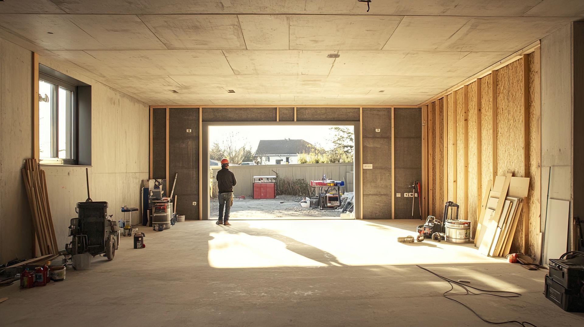 Interior of unfinished construction site; person walks toward open doorway. Tools and materials are scattered throughout.