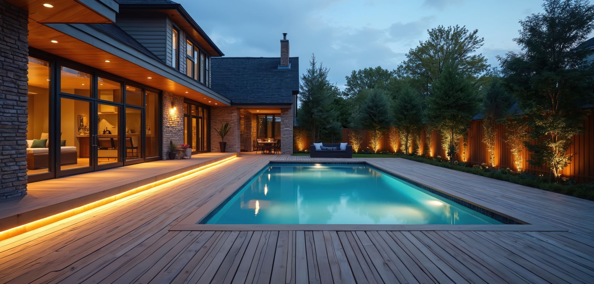 A luxury home with a pool at dusk. Warm lights illuminate the deck and trees, reflecting in the water.