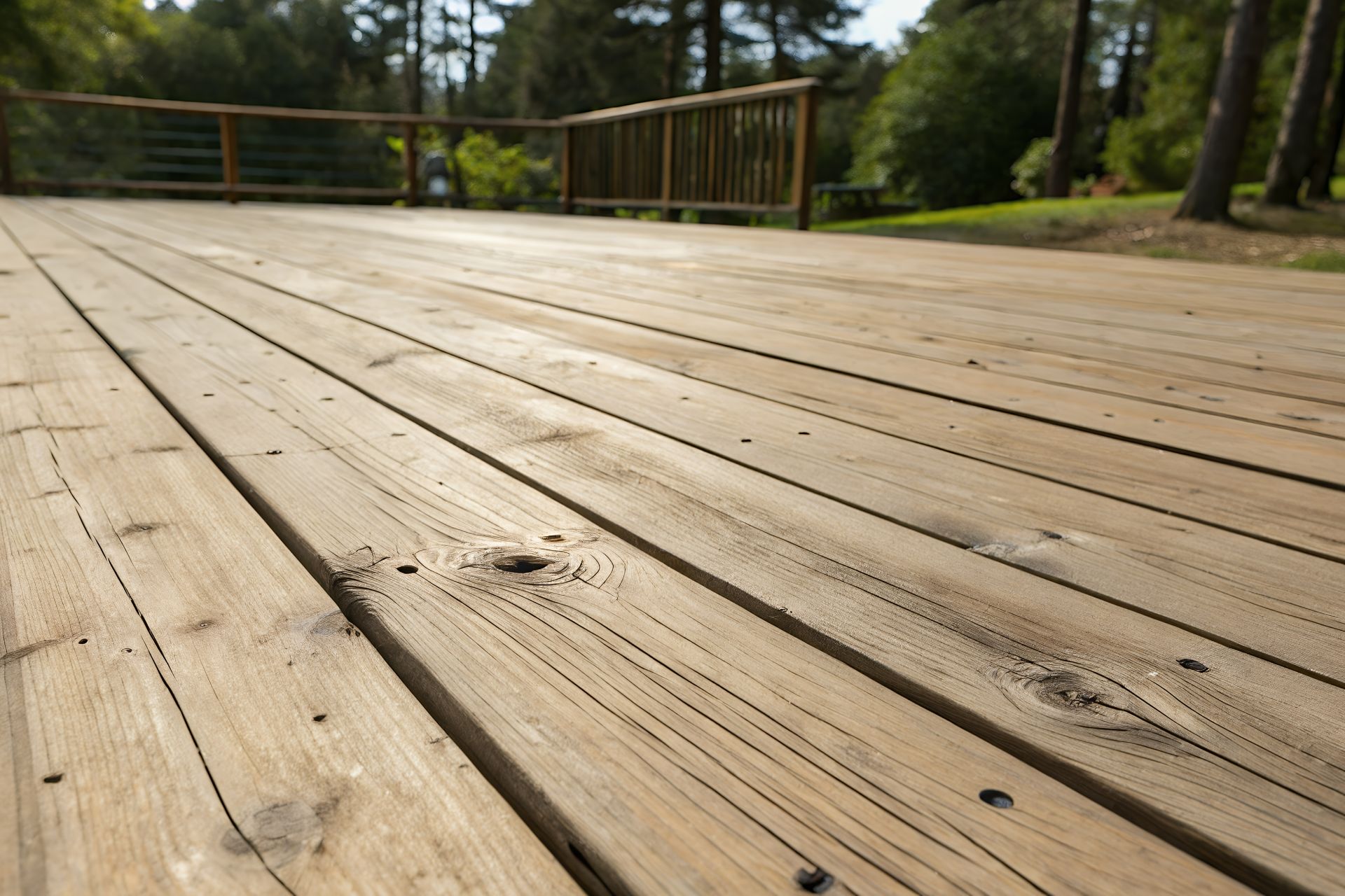 Wooden deck with railing overlooking a blurred background of trees.