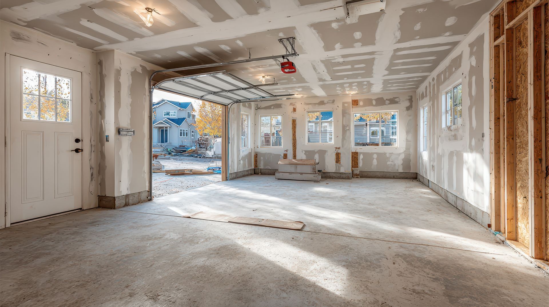 Unfinished garage interior, drywall partially installed. Door and windows visible, opening to outside.