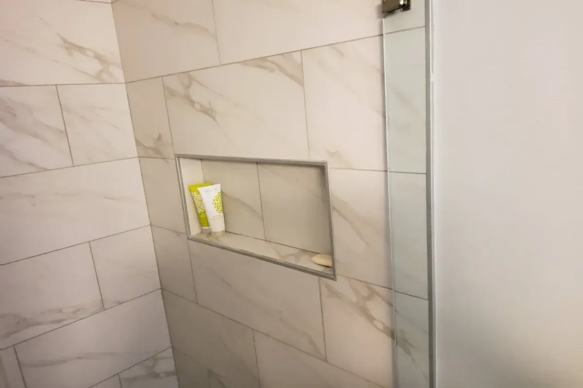 Close up of the custom built shower knock inside tile shower