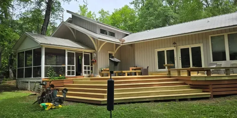 Pressure treated deck repair with new deck boards and benches