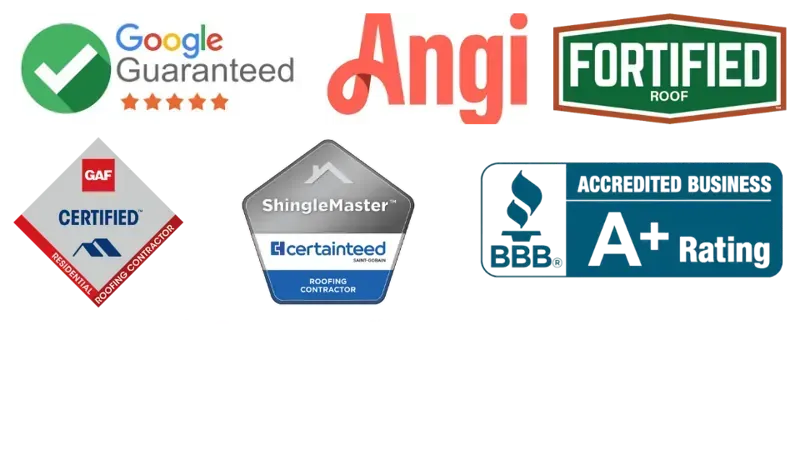 GAF and CertainTeed certified Wilmington roofing company – A+ BBB accredited, Fortified Roofing certified, Google Guaranteed, and Angi verified badges.