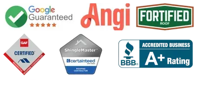Certification badges showing Howard Roofing & Construction as a nationally recognized, certified shingle roof replacement company in Wilmington, NC, with an A+ BBB rating — trusted by Google Guaranteed and Angi Verified.