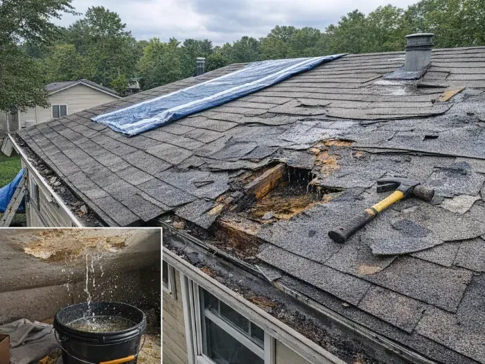 Storm-damaged shingle roof with missing shingles, exposed decking, temporary tarp, and interior ceiling leak collected in a bucket