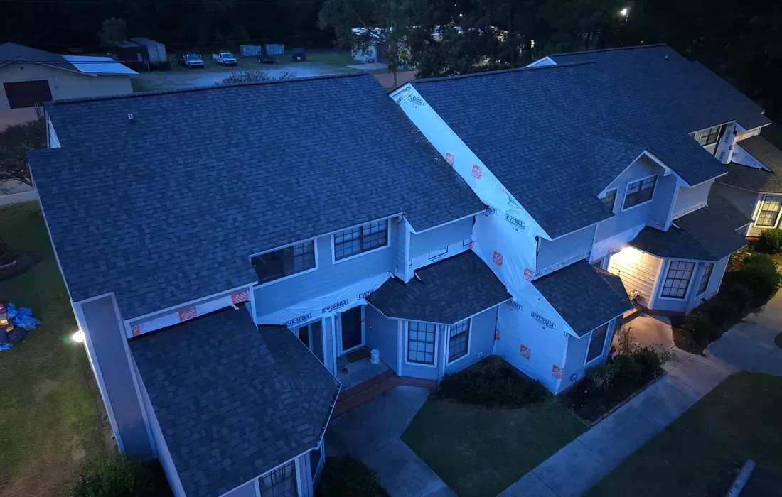 Finished drone shot of The Tara Ct Condominiums in Wilmington, NC done by a veteran led roofing and remodeling company built to last.
