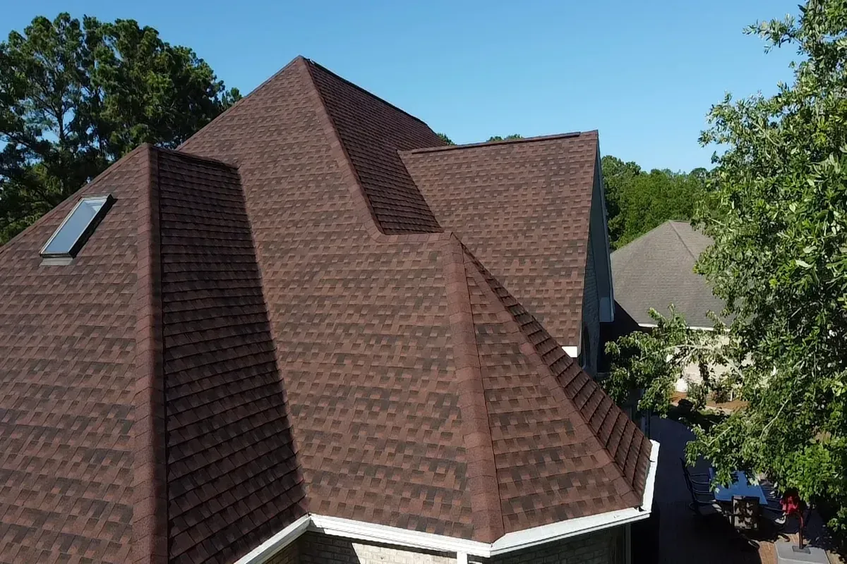 Aerial view of residential roof replacement project.