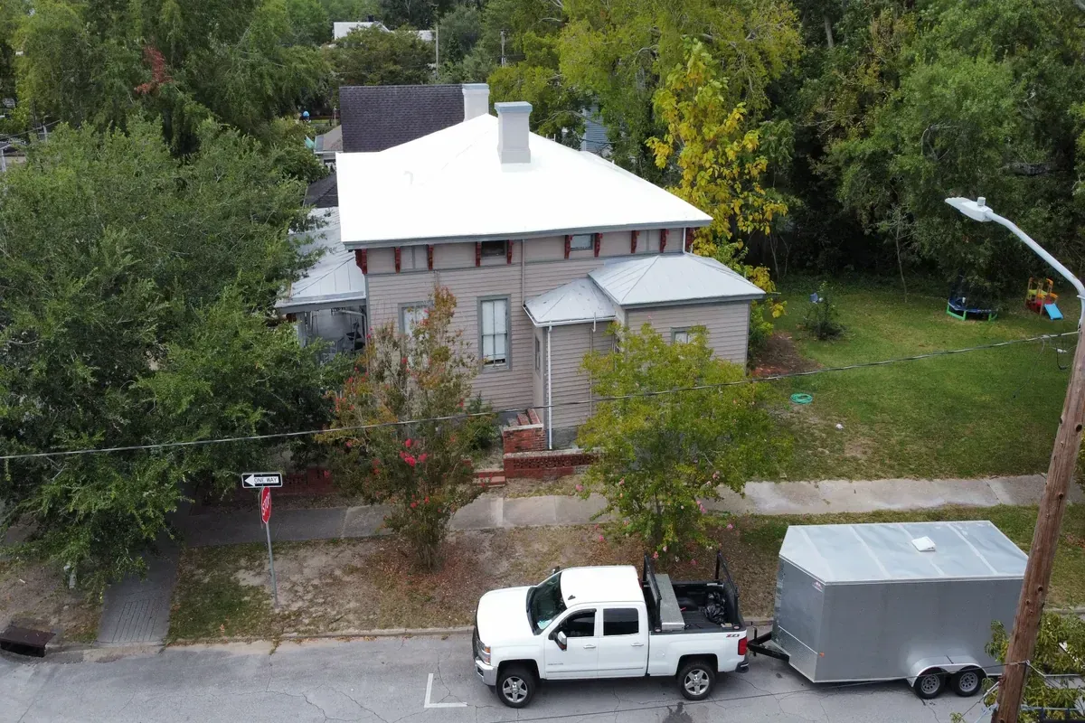 Drone view finished roof project on multi unit home in Wilmington.