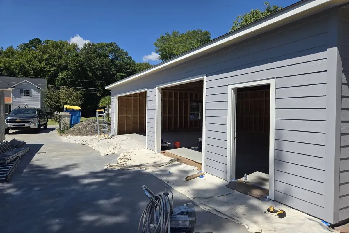 Garage construction with new siding and exterior trim