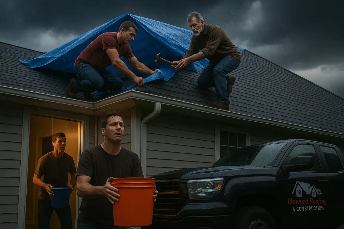 Emergency roof tarping performed during severe storm conditions to protect a home from wind and rain damage