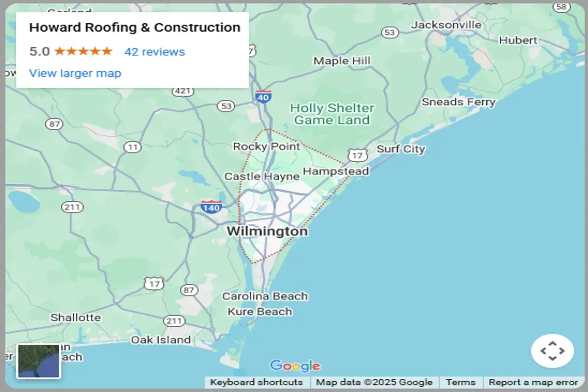 Service area map for deck building  services in Wilmington NC and surrounding Southeastern North Carolina towns.