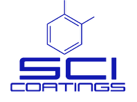A blue and white logo for sci coatings with a chemical structure.