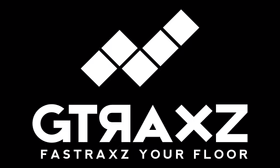A white logo on a black background that says gtjaxz fastraxz your floor