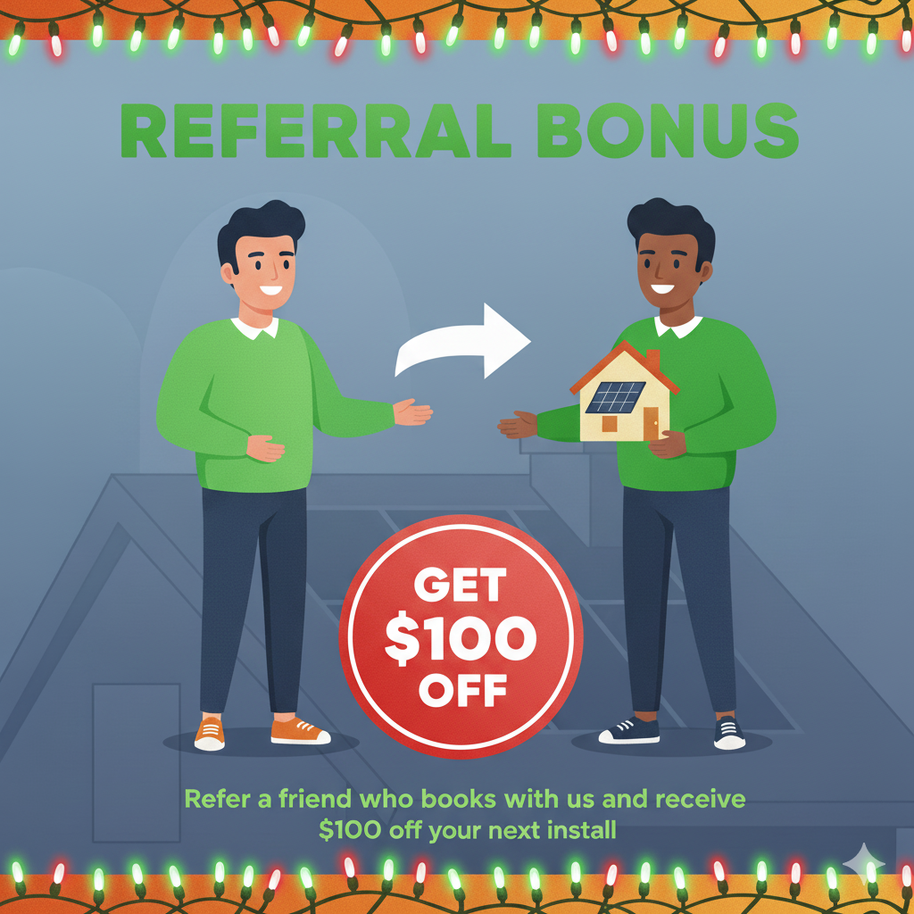 Two people, one holding a solar panel house, with referral bonus text and a $100 off promotion.