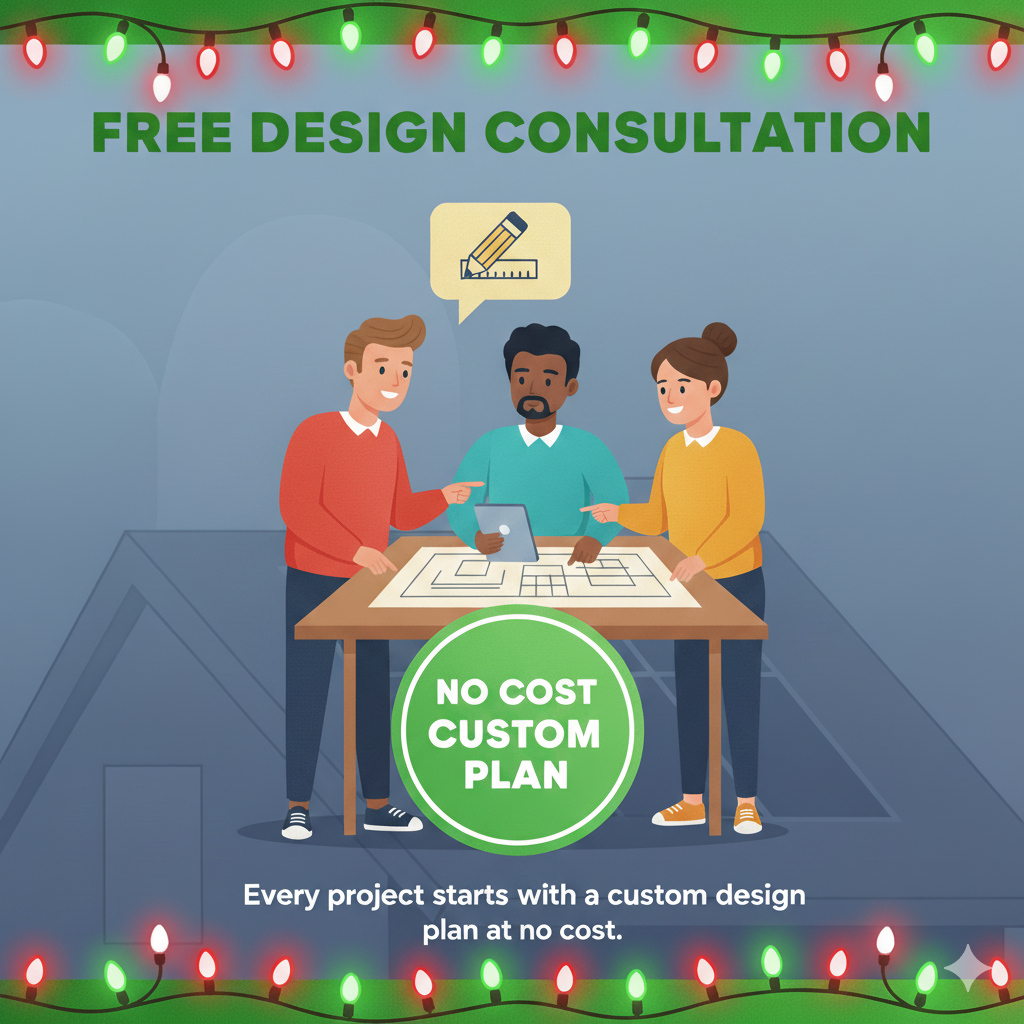 Three people around a table reviewing a design plan, with text indicating a free consultation and no-cost custom plan.