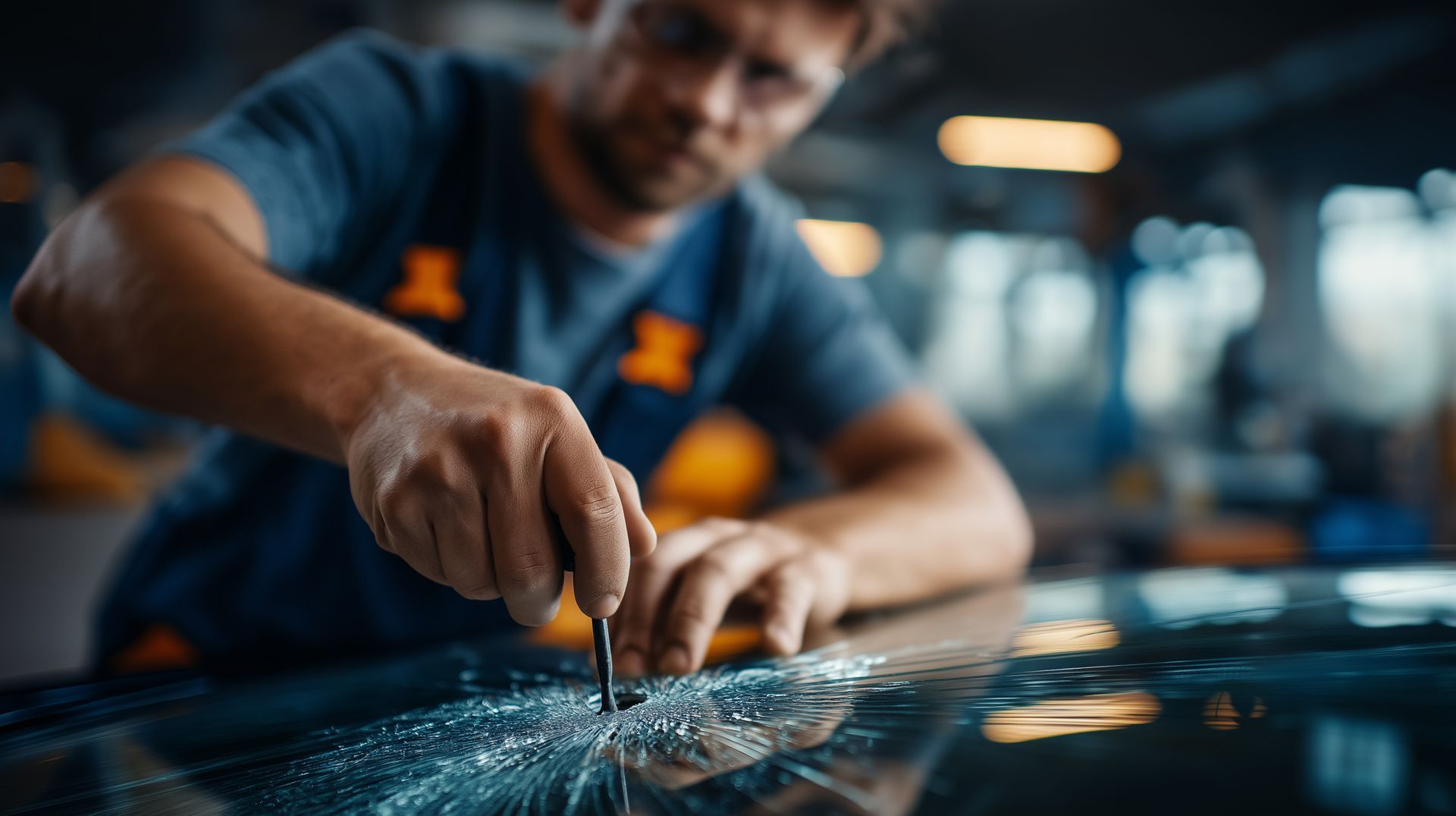 A man is seen fixing a car windshield with a knife, illustrating the process of auto glass services.